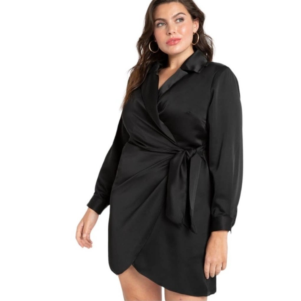 NEW Eloquii‎ Satin Wrap Mini Dress Women's 26 Black NWT